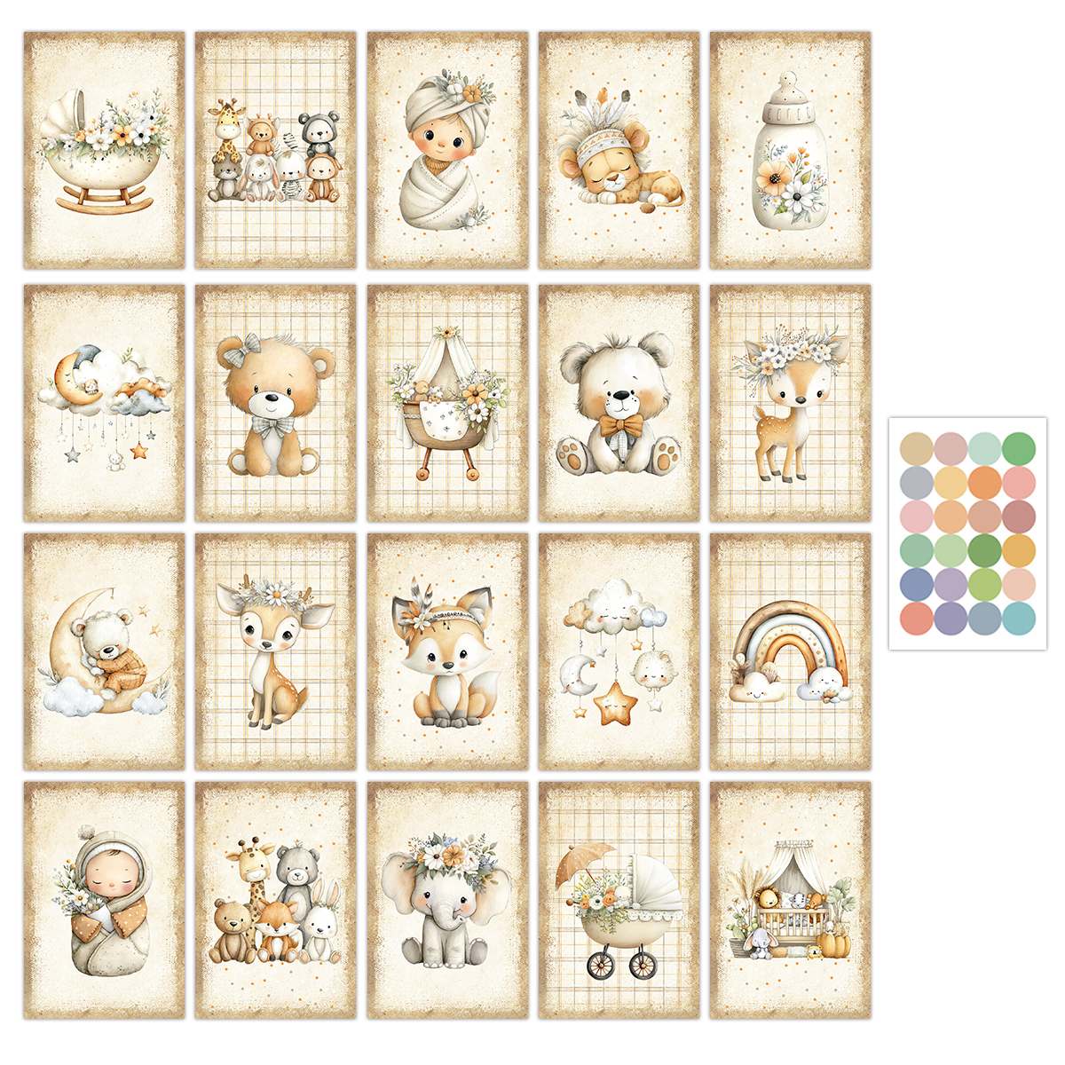 Baby Nursery Vintage - 20pcs Vintage Animal-Themed Wall Sticker Cards,Adorable