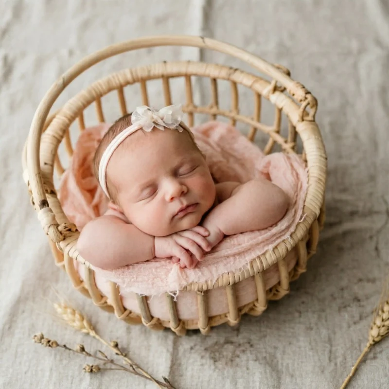 Baby Nursery Bed - Infant Posing Bed Retro Rattan Basket