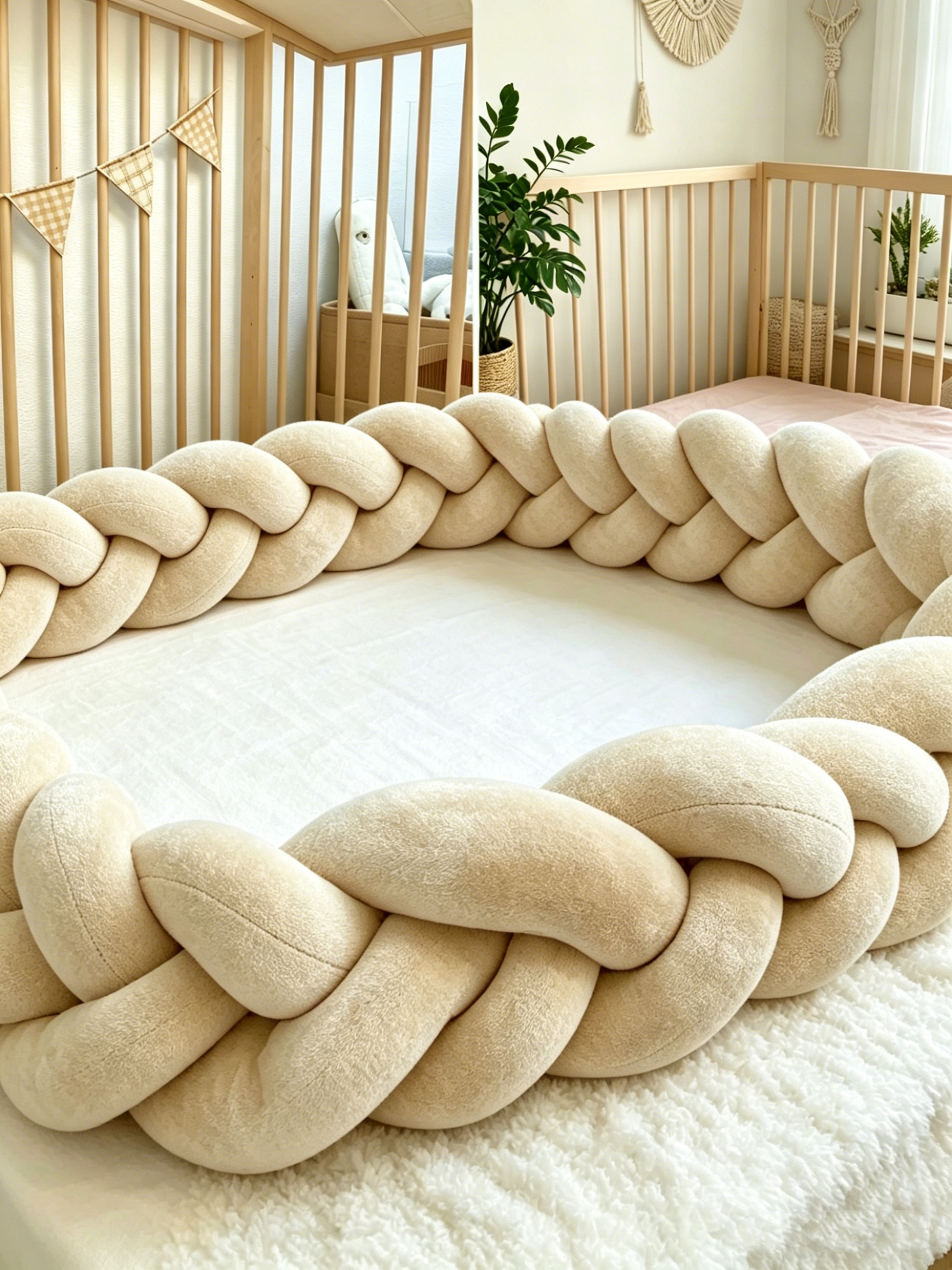 Baby Nursery Neutral - Boho Braided Crib Bumper Pillow, Handmade