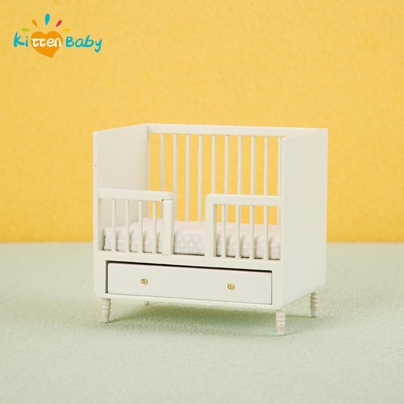 Baby Nursery Bed - 1:12 Miniature White Wood Baby Crib