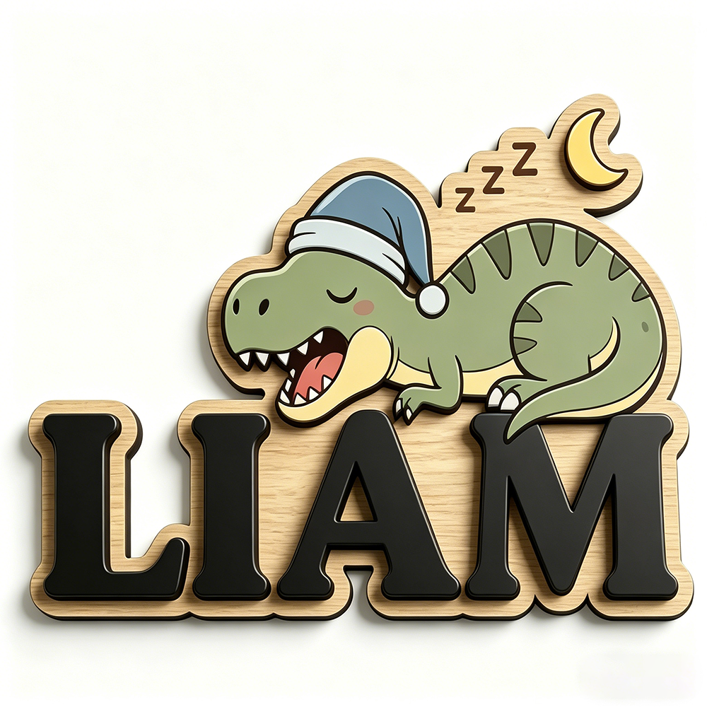Baby Nursery Gifts - Personalized Sleepy Dinosaur Name Sign, Wooden
