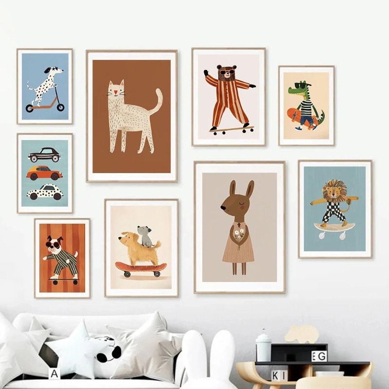 Baby Nursery Neutral - Funny Animals Rabbit Dog Cat Skateboard