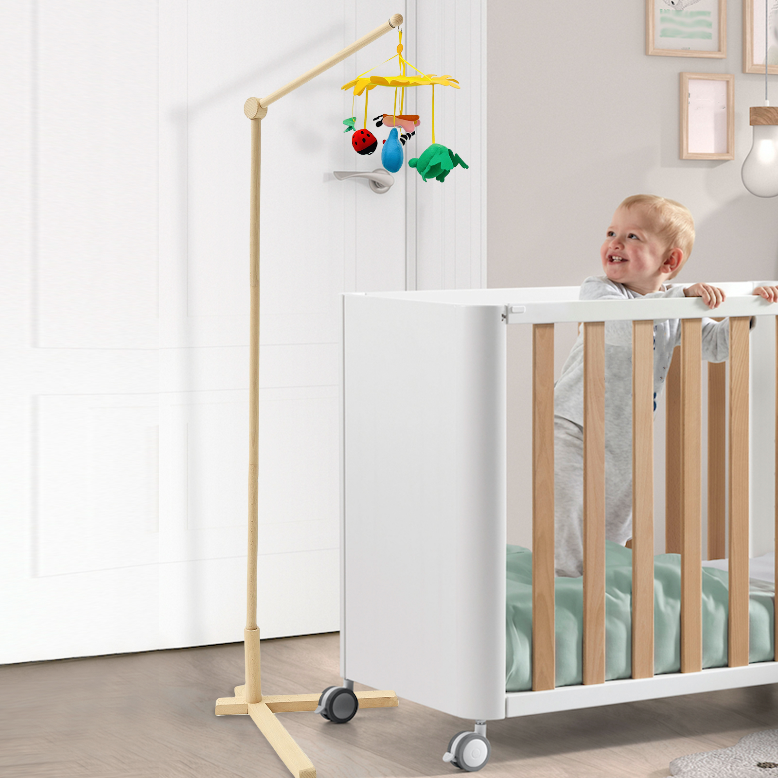 Baby Nursery Bed - Wood Floor Standing Crib Mobile Arm