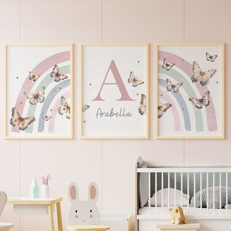 Baby Nursery Girl Room - Pink Rainbow Butterfly Custom Baby Name