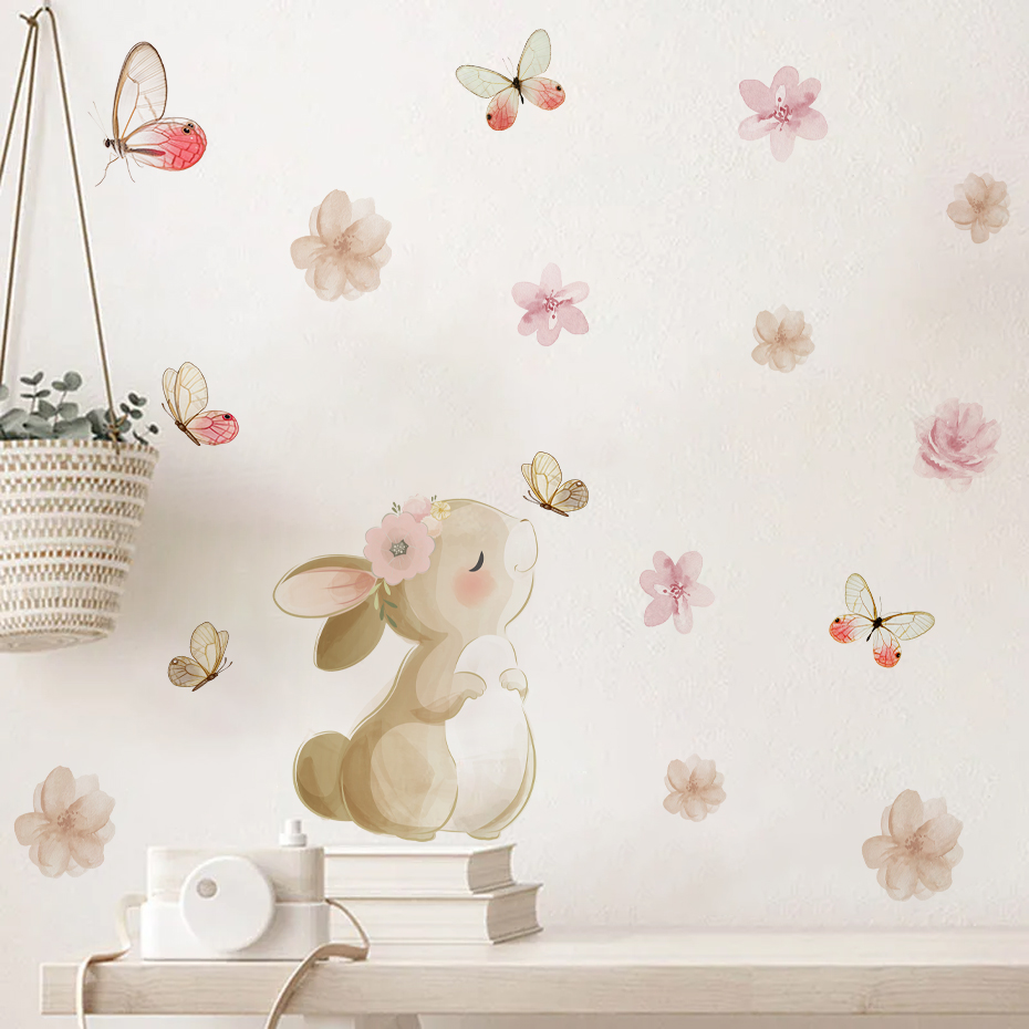 Cartoon Rabbit Flowers Butterf – Baby Nursery Girl Room recenzja i cena