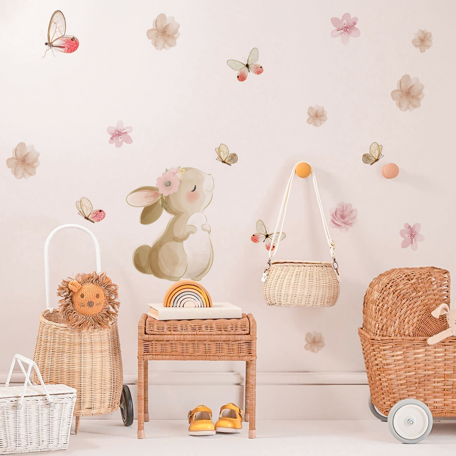 Cartoon Rabbit Flowers Butterf – Baby Nursery Girl Room recenzja i cena