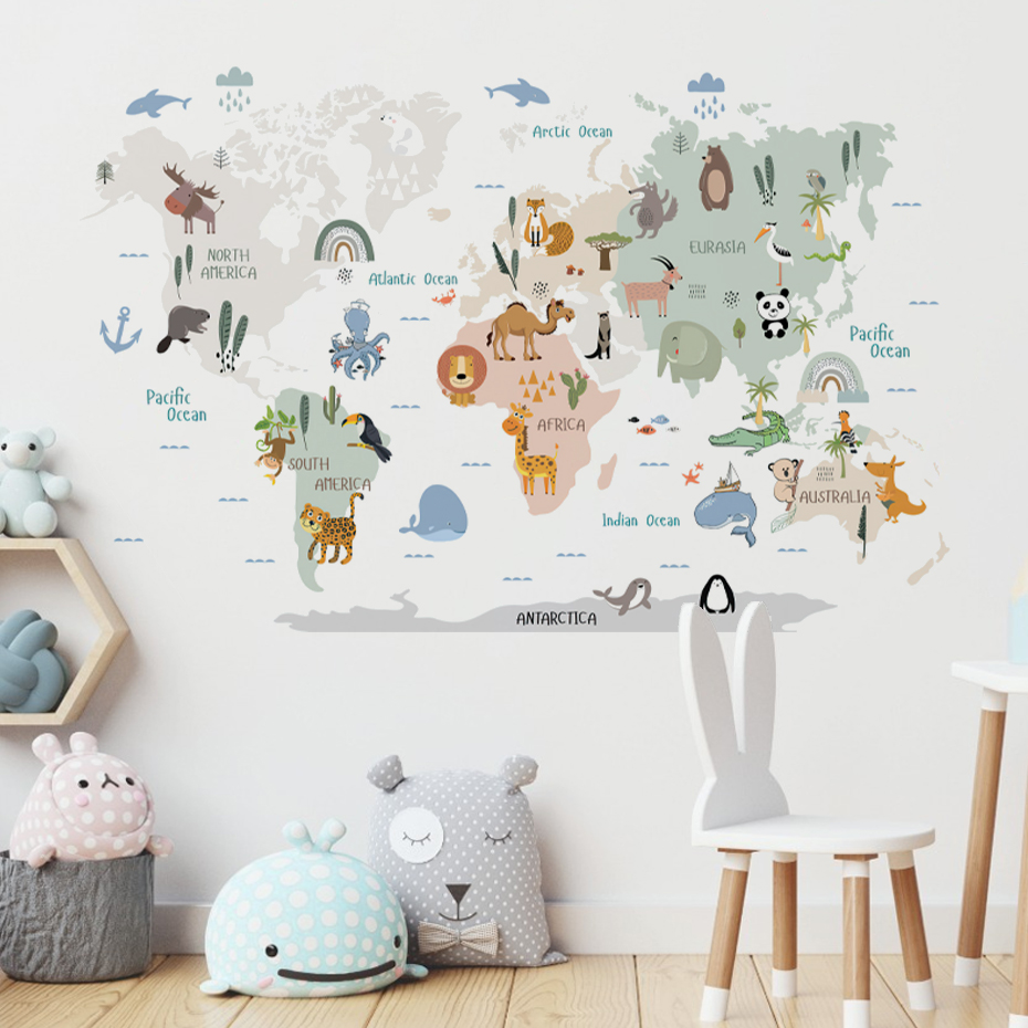 Watercolor  Cartoon World Map  – Baby Nursery Girl Room recenzja i cena