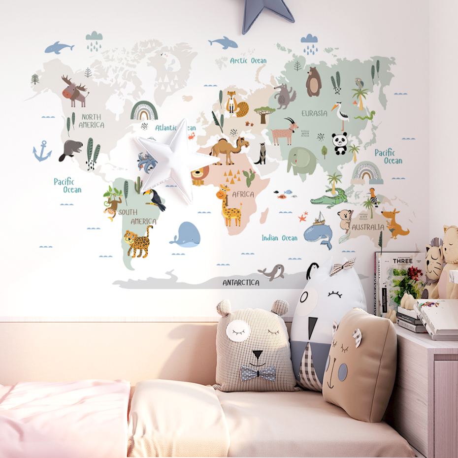Watercolor  Cartoon World Map  – Baby Nursery Girl Room recenzja i cena
